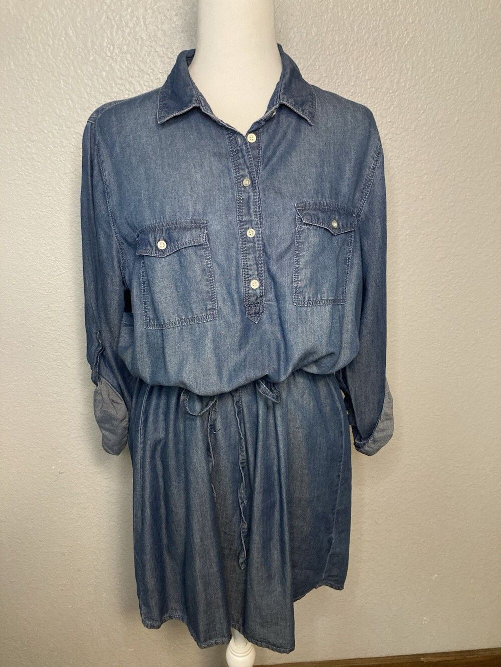 Gloria Vanderbilt Dress M Denim Short Mini Chambray Roll Tab Sleeve Drawstring